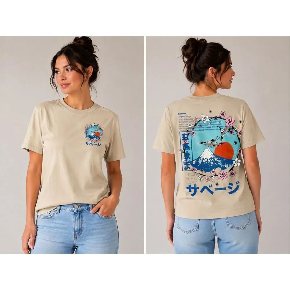 Fresh Laundry Sakura Graphic T-Shirt Beige Sz M Japanese Style Mt. Fuji Cherry